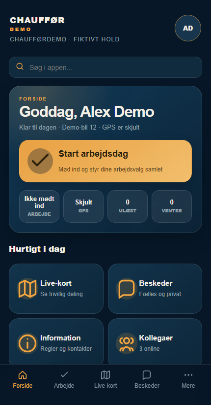 Chaufførappens forside med arbejdsdag, beskeder og kollegaer. Fiktive demodata.